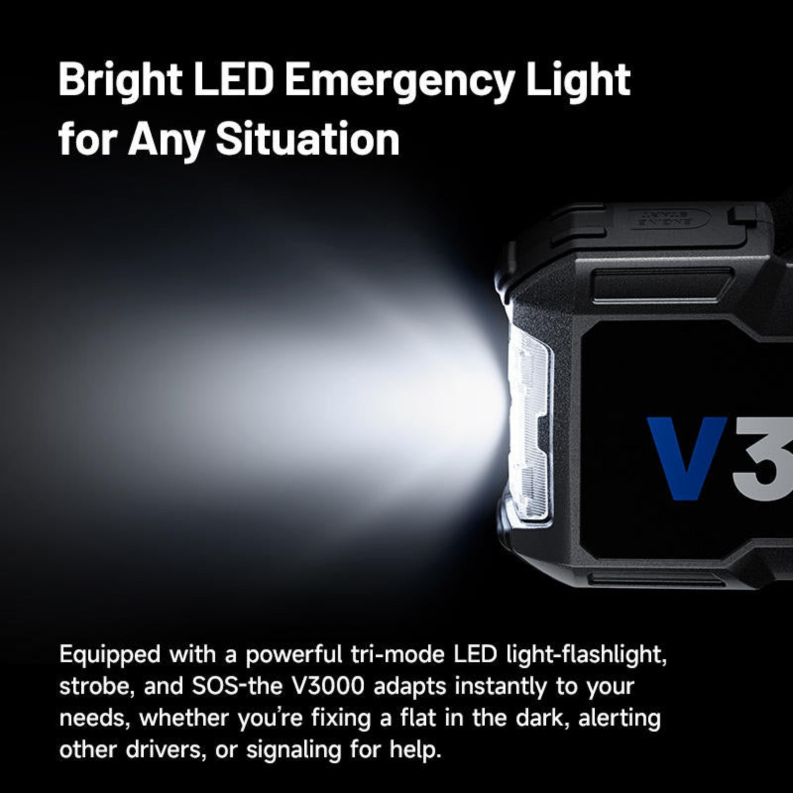 V3000 LED emergency light with text on a black background