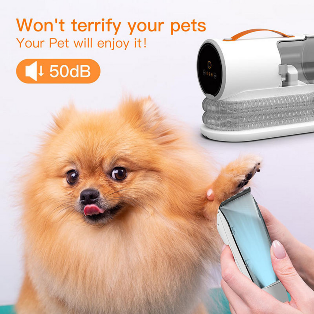 Dog with a smartphone and a pet safety device, with text indicating it won't terrify pets.