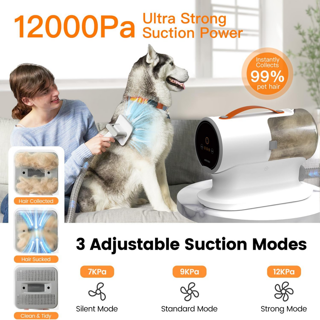 Dog being groomed with a pet hair removal device, highlighting suction power and adjustable modes.