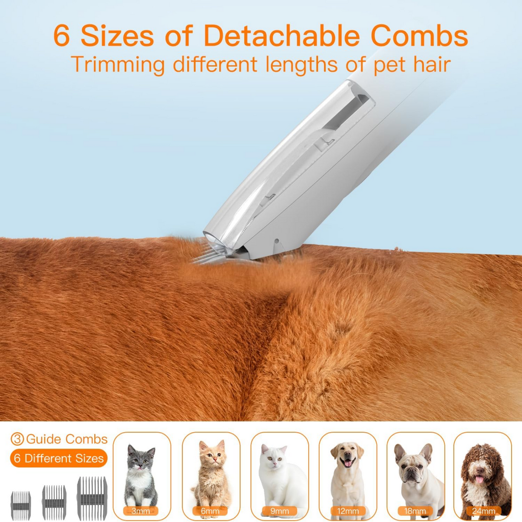 Pet grooming tool with detachable combs trimming a dog's fur, against a blue background.