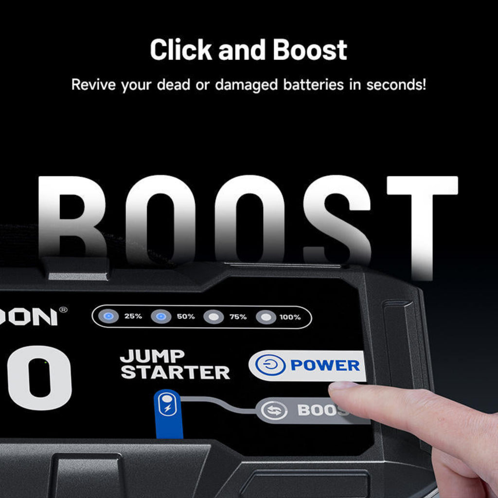 Jump starter device with 'Click and Boost' text on a black background