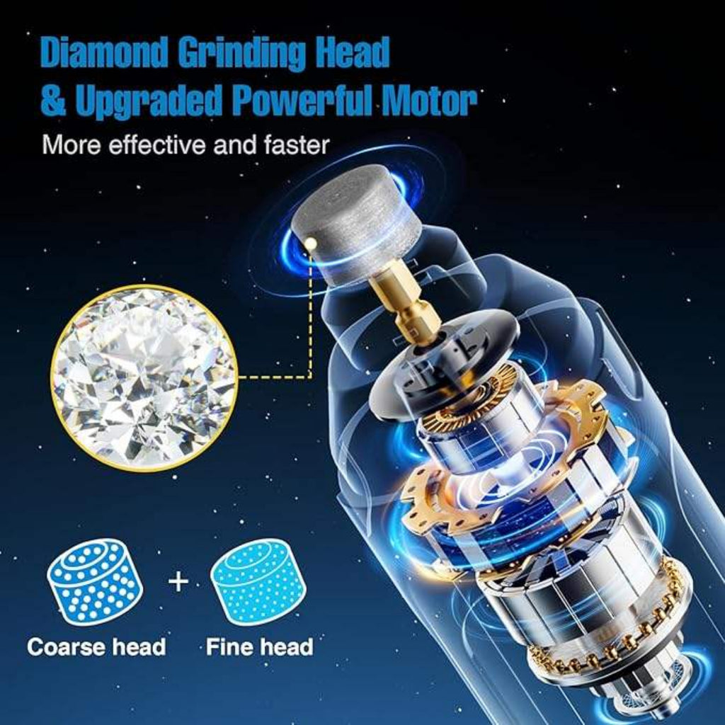 Diagram of a diamond grinding head with an upgraded powerful motor on a dark background.