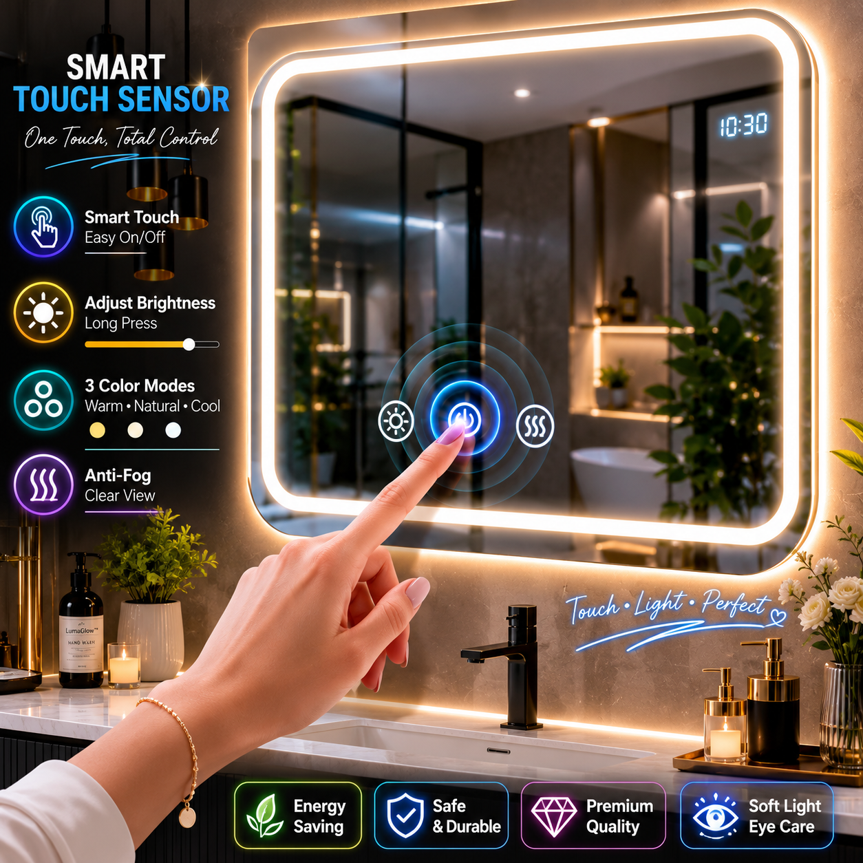 LED Bathroom Mirror – Smart Touch Sensor Vanity Mirror with Adjustable Lighting & Anti-Fog Technology Premium