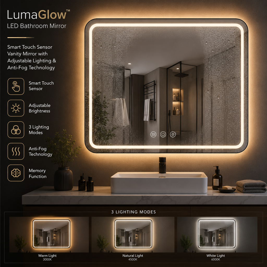 LED Bathroom Mirror – Smart Touch Sensor Vanity Mirror with Adjustable Lighting & Anti-Fog Technology Premium