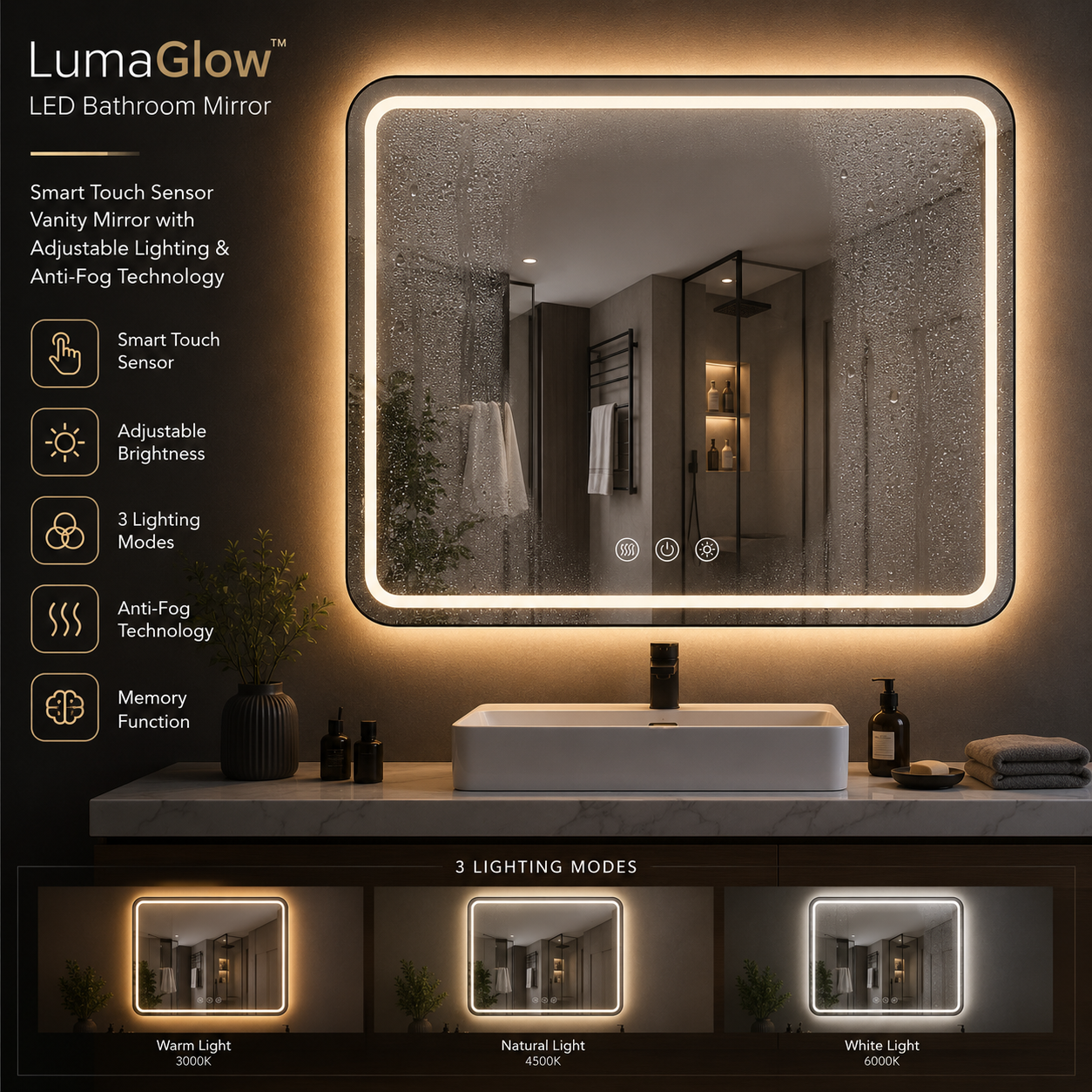 LED Bathroom Mirror – Smart Touch Sensor Vanity Mirror with Adjustable Lighting & Anti-Fog Technology Premium