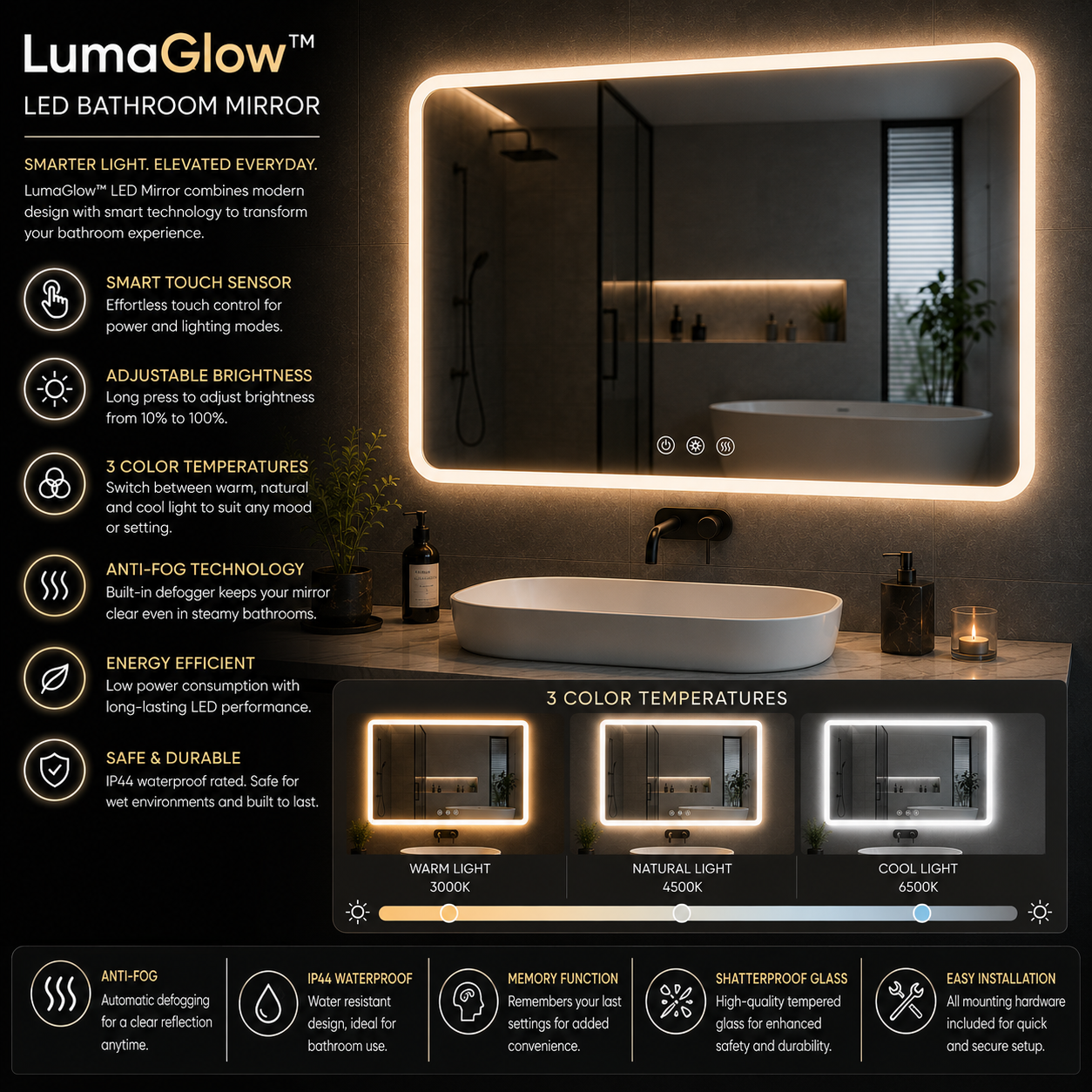 LED Bathroom Mirror – Smart Touch Sensor Vanity Mirror with Adjustable Lighting & Anti-Fog Technology Premium