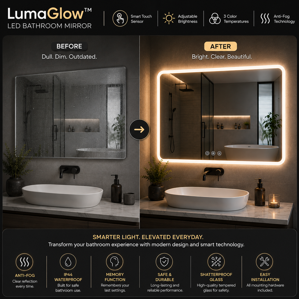 LED Bathroom Mirror – Smart Touch Sensor Vanity Mirror with Adjustable Lighting & Anti-Fog Technology Premium
