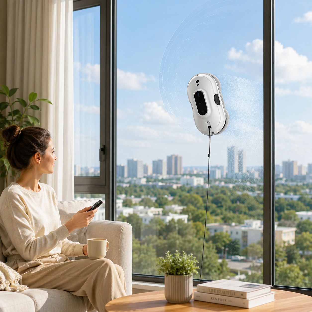 Woman sitting by a large window with a view of a cityscape, using a handheld fan.