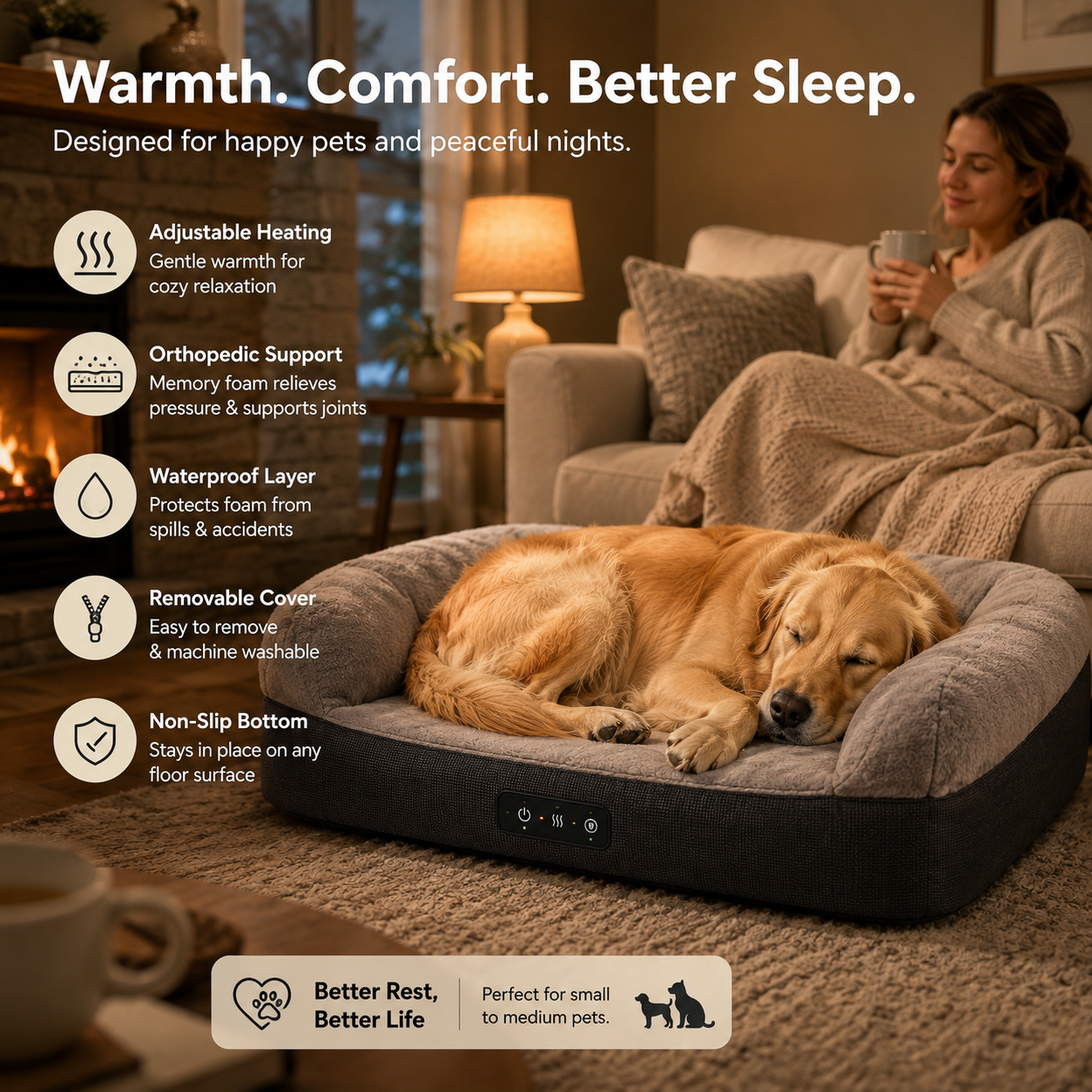 Smart Heated Pet Bed – Orthopedic Memory Foam Bed with Sleep Monitoring & Adjustable Warmth for Dogs