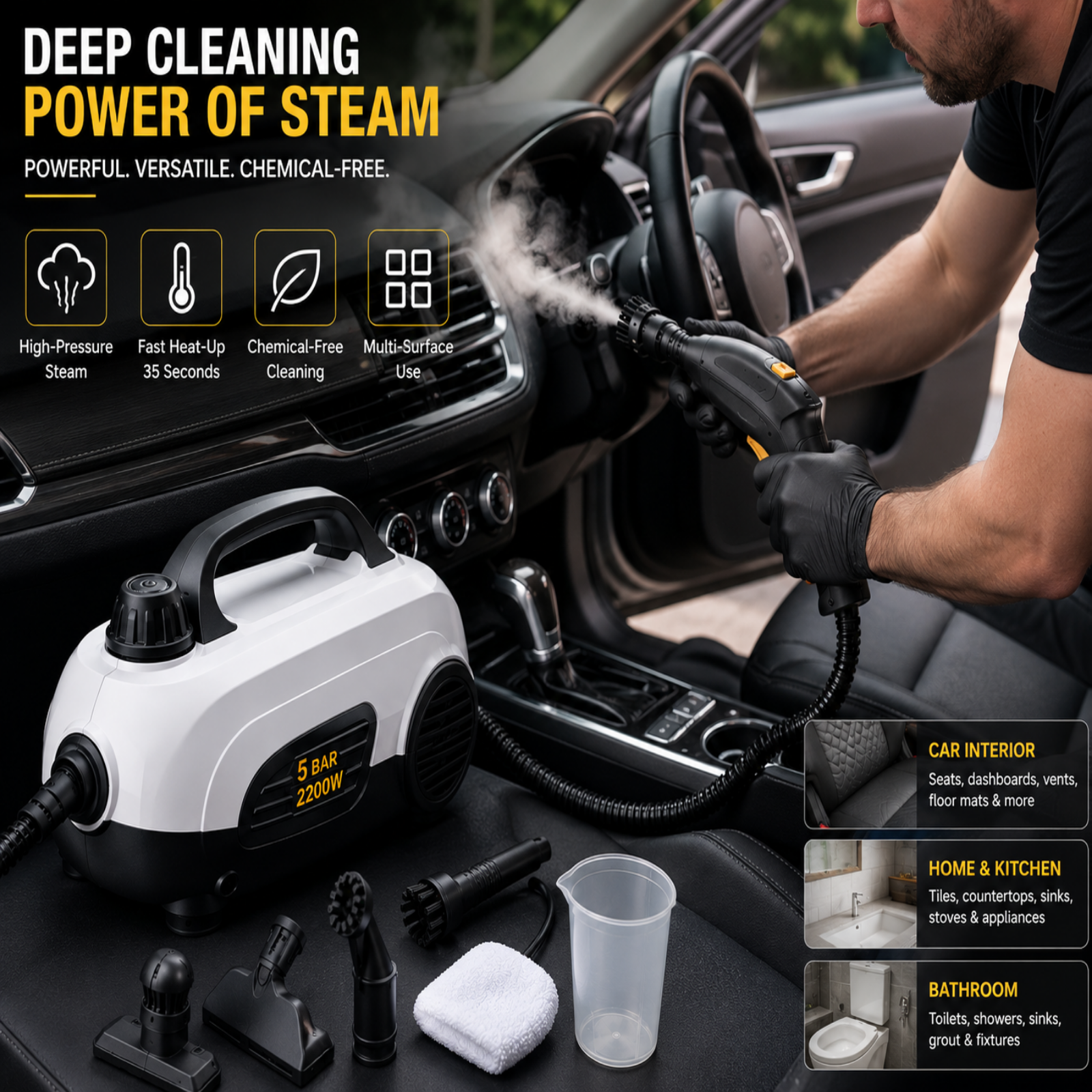 Person using a steam cleaner to clean a car interior with product features highlighted.