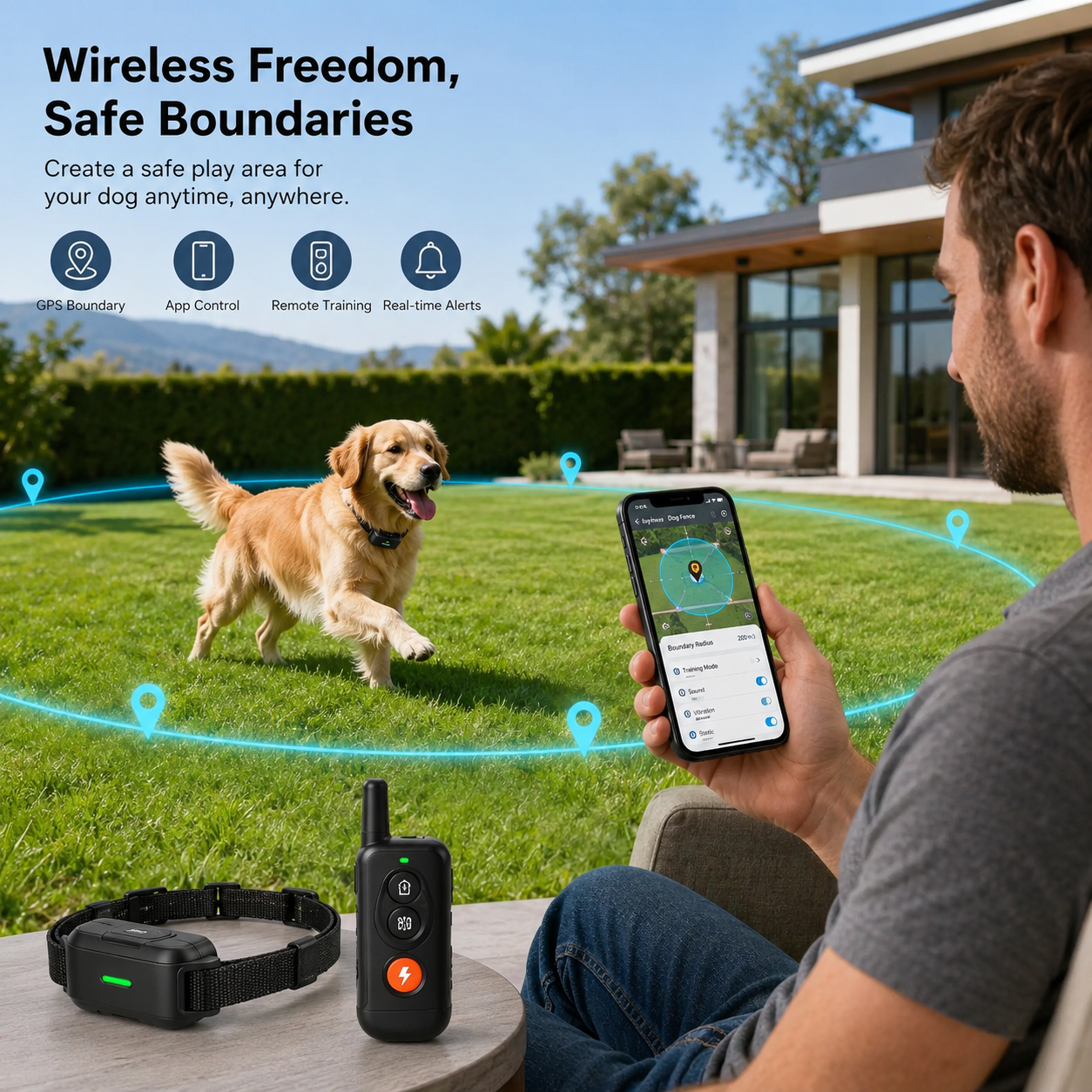 Smart GPS Dog Fence & Training Collar – Wireless Pet Containment System with App Control & Remote for Dogs