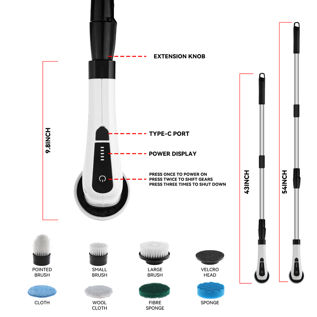 Cordless Electric Spin Scrubber – Rechargeable Power Cleaning Brush with 8 Replaceable Brush Heads & Adjustable Extension Handle
