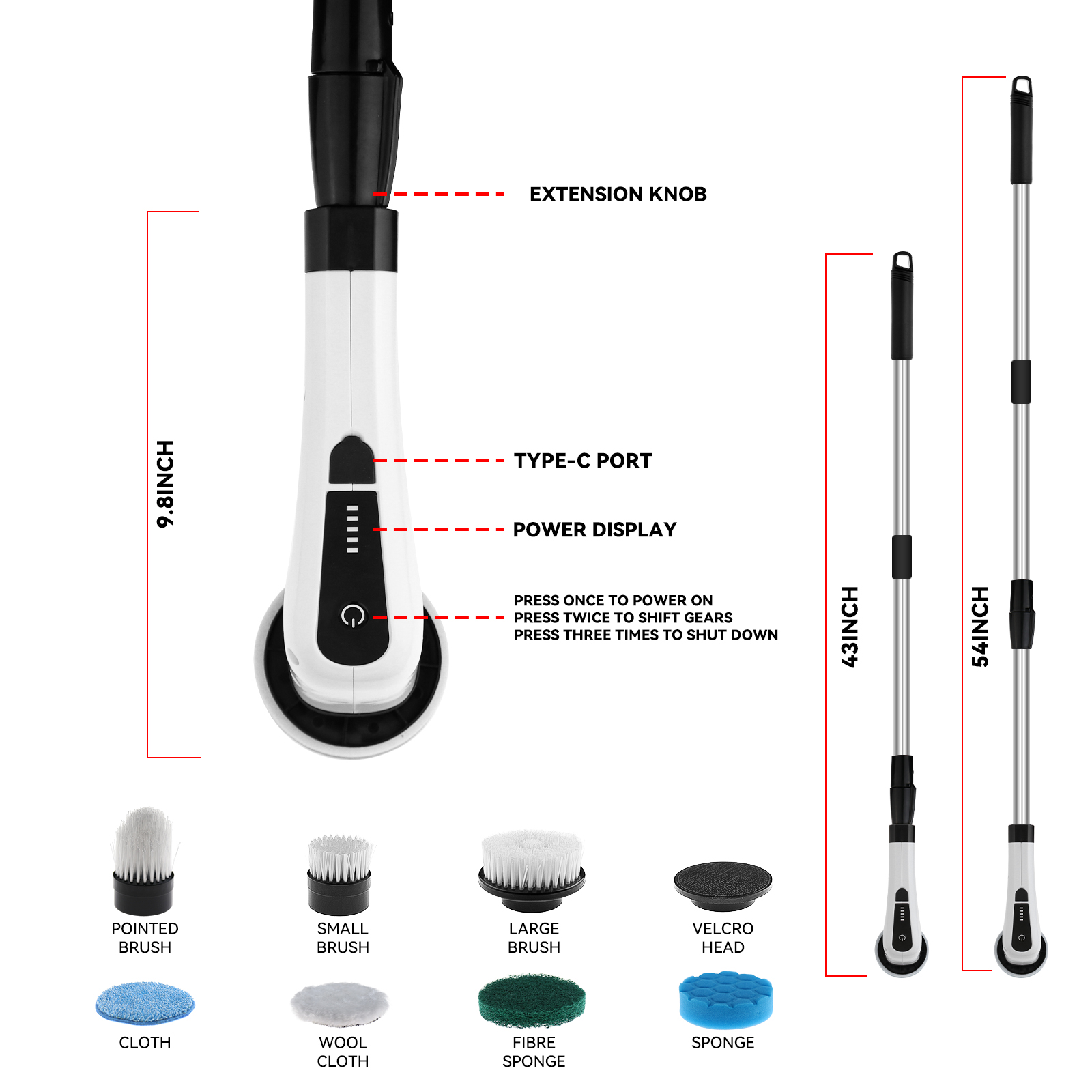 Cordless Electric Spin Scrubber – Rechargeable Power Cleaning Brush with 8 Replaceable Brush Heads & Adjustable Extension Handle