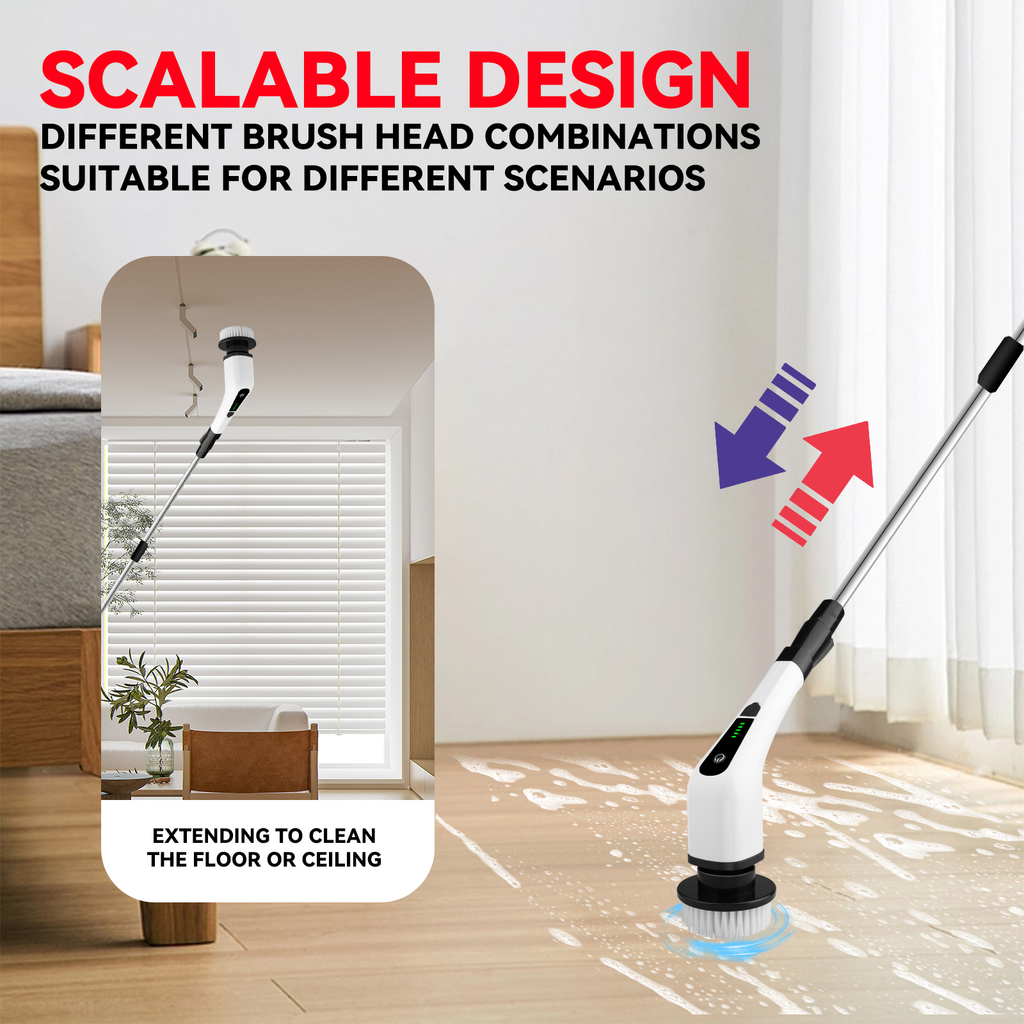 Cordless Electric Spin Scrubber – Rechargeable Power Cleaning Brush with 8 Replaceable Brush Heads & Adjustable Extension Handle
