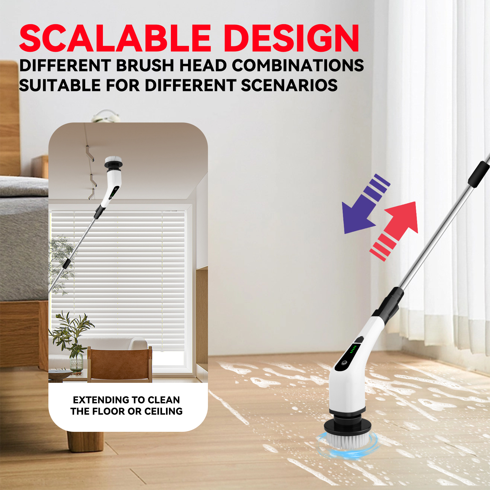 Cordless Electric Spin Scrubber – Rechargeable Power Cleaning Brush with 8 Replaceable Brush Heads & Adjustable Extension Handle