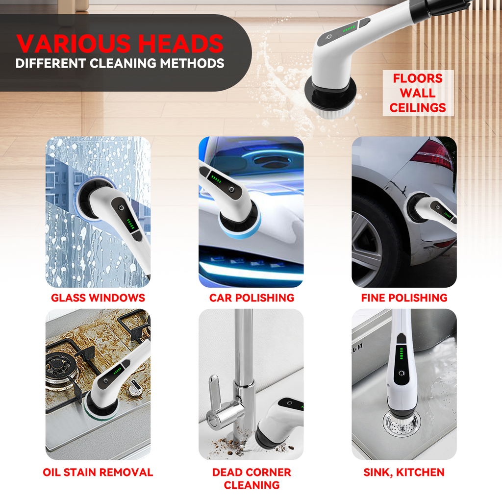 Cordless Electric Spin Scrubber – Rechargeable Power Cleaning Brush with 8 Replaceable Brush Heads & Adjustable Extension Handle