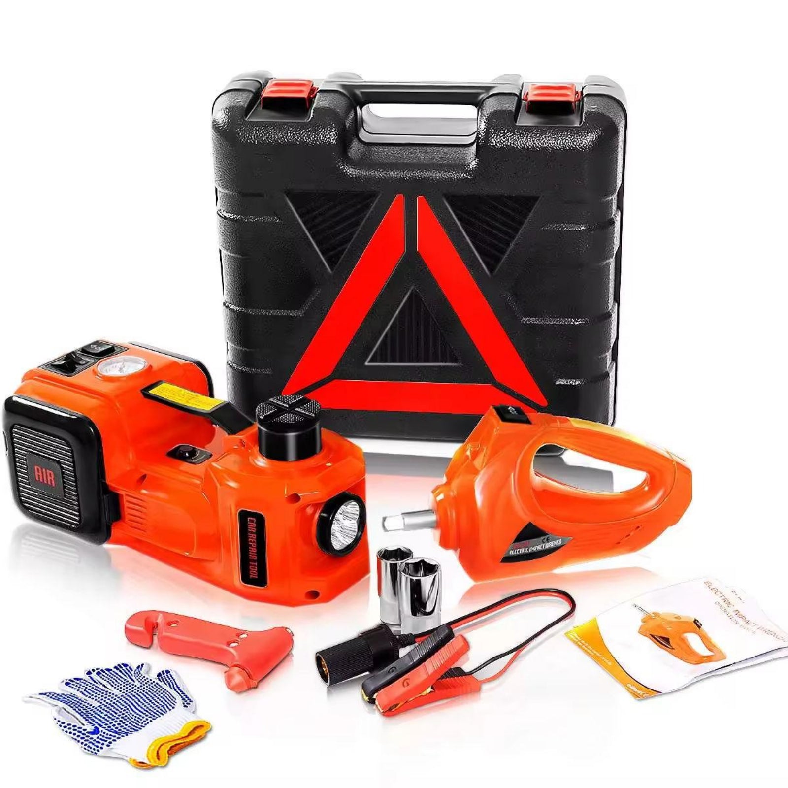 Car jack set with tools and safety triangle on a white background
