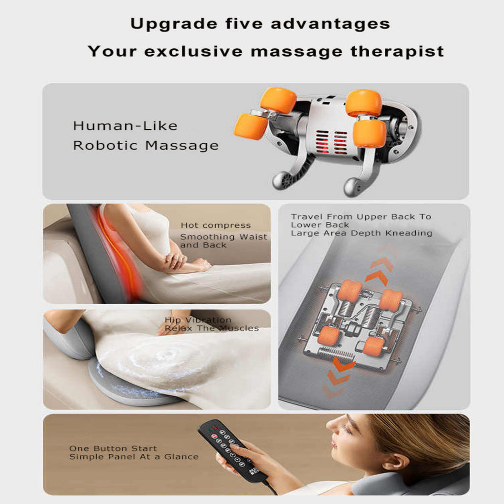 Massage chair with text highlighting five advantages, including human-like robotic massage and remote control.
