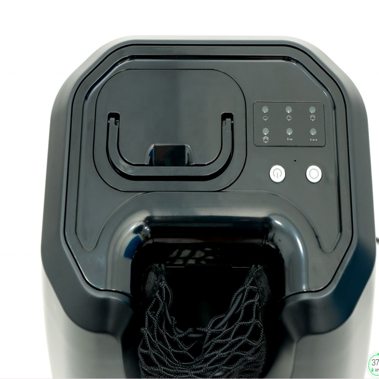 Close-up of a vacuum cleaner with a tangled black cord on a white background