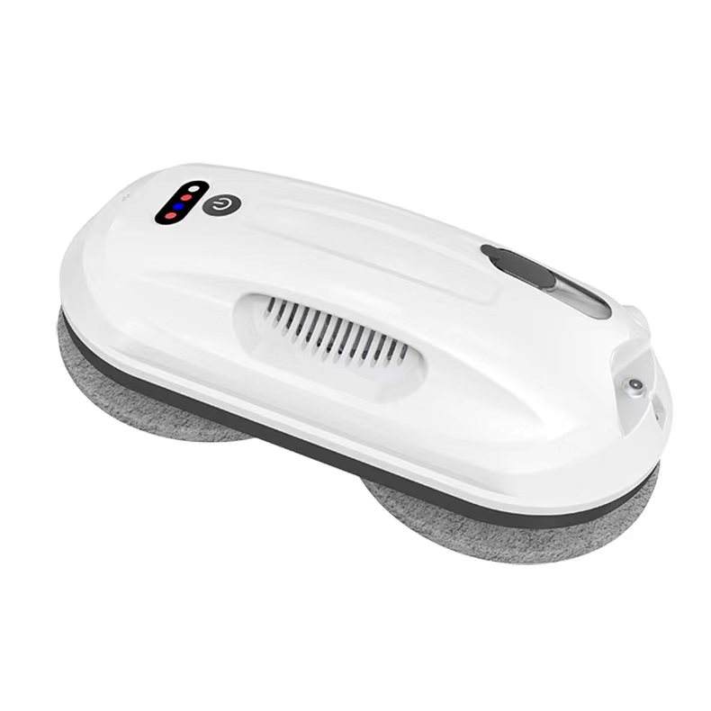 White handheld cleaning device with gray scrubber on a white background