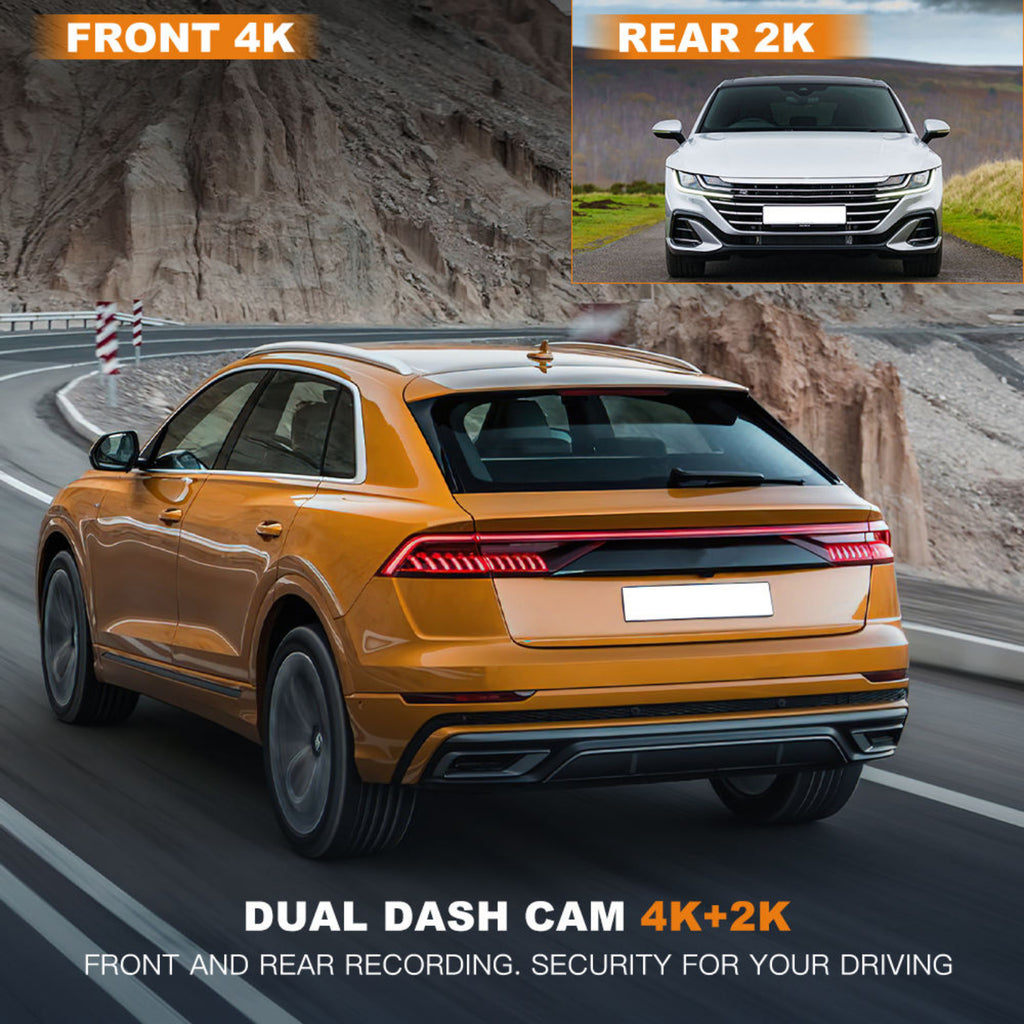 Orange SUV on a road with a split screen showing front and rear views, highlighting dual dash cam features.