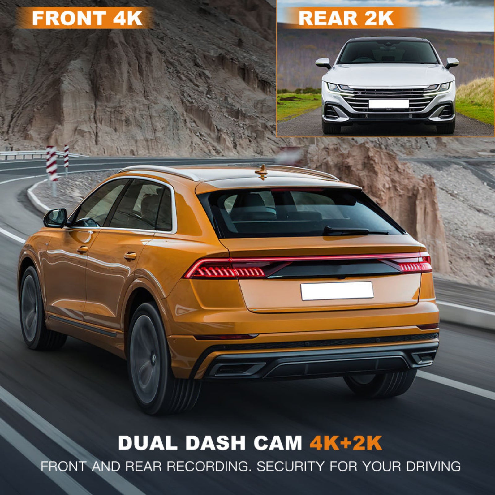 Orange SUV on a road with a split screen showing front and rear views, highlighting dual dash cam features.