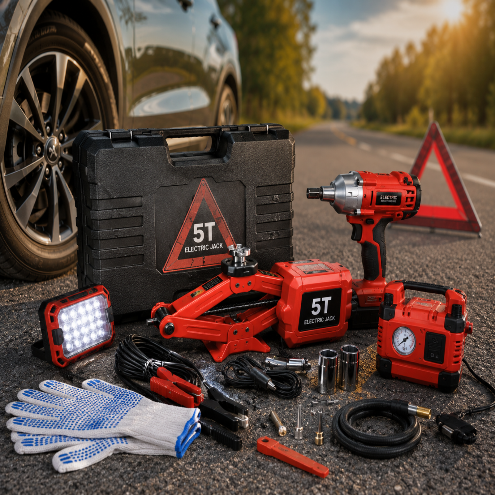 Automotive repair tools including a jack, impact wrench, and flashlight on the ground next to a car.