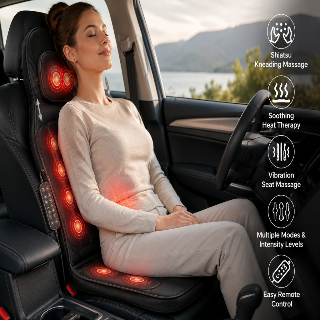 Woman using a car seat massager with features highlighted on the side.