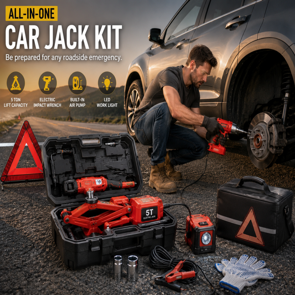Car jack kit with tools and a man working on a car on a road.