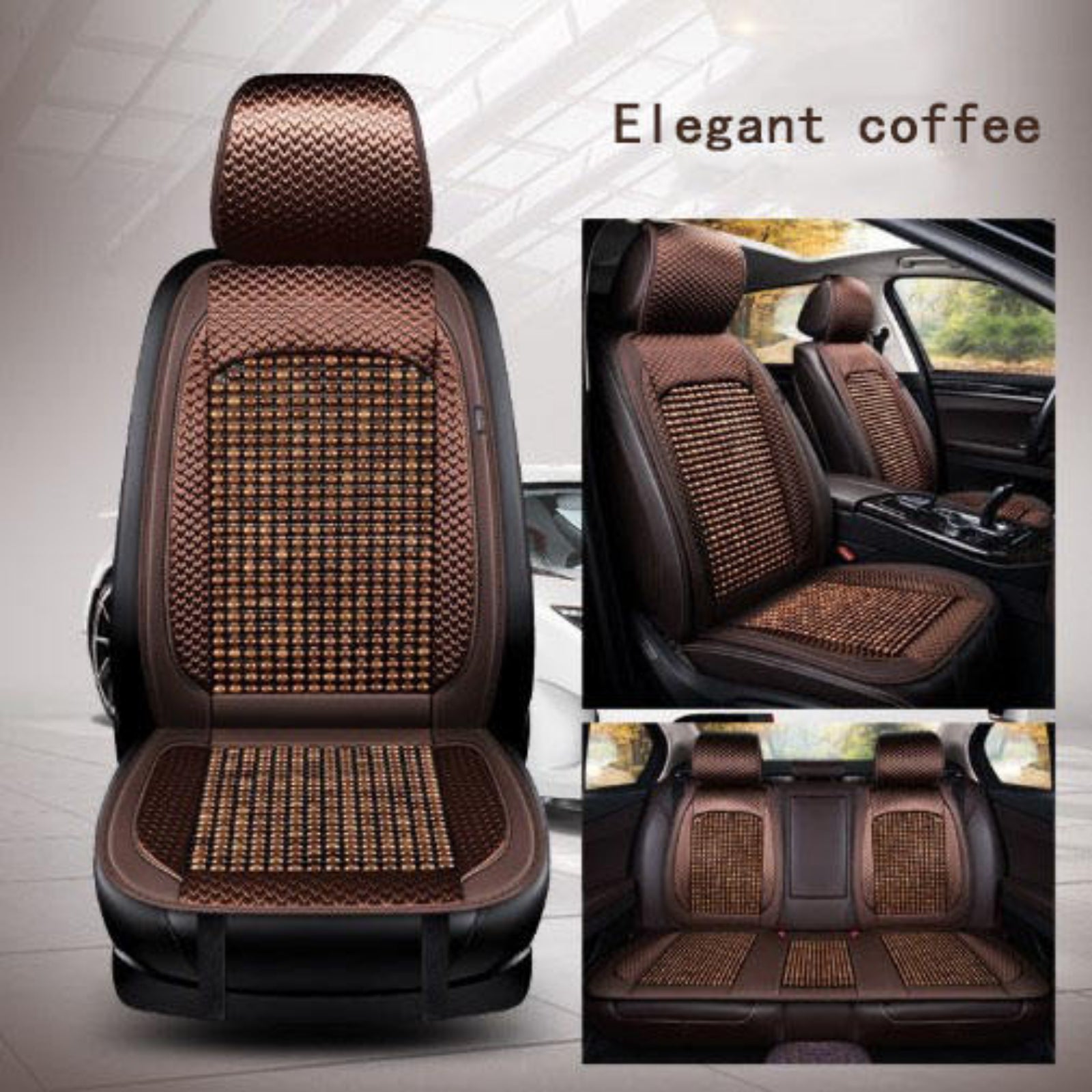 Brown car seat cover with mesh design, shown in a car interior setting.