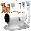 Pet grooming tool set with a dog, cat, and various grooming devices on a white background.