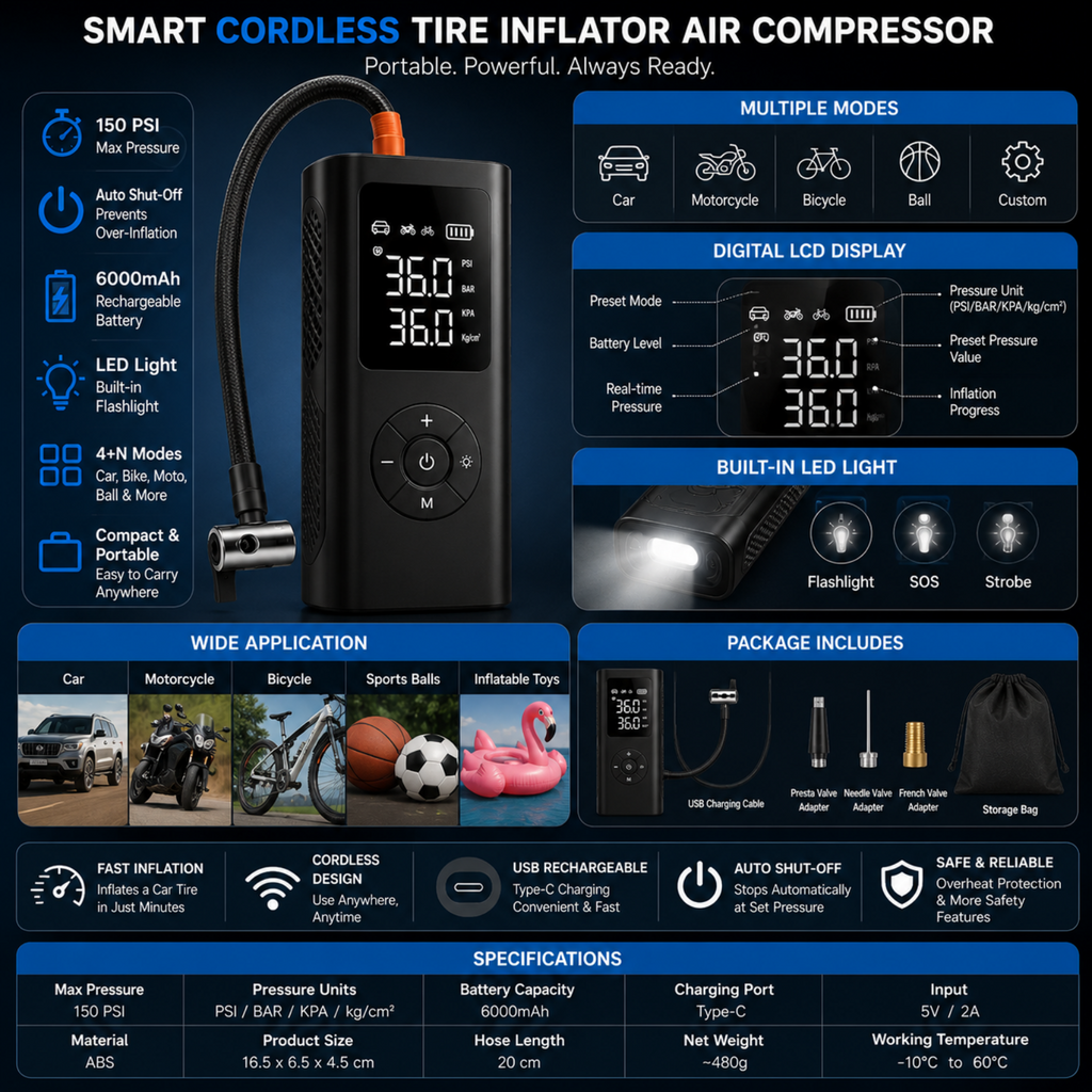 Smart cordless tire inflator air compressor with features and specifications displayed.