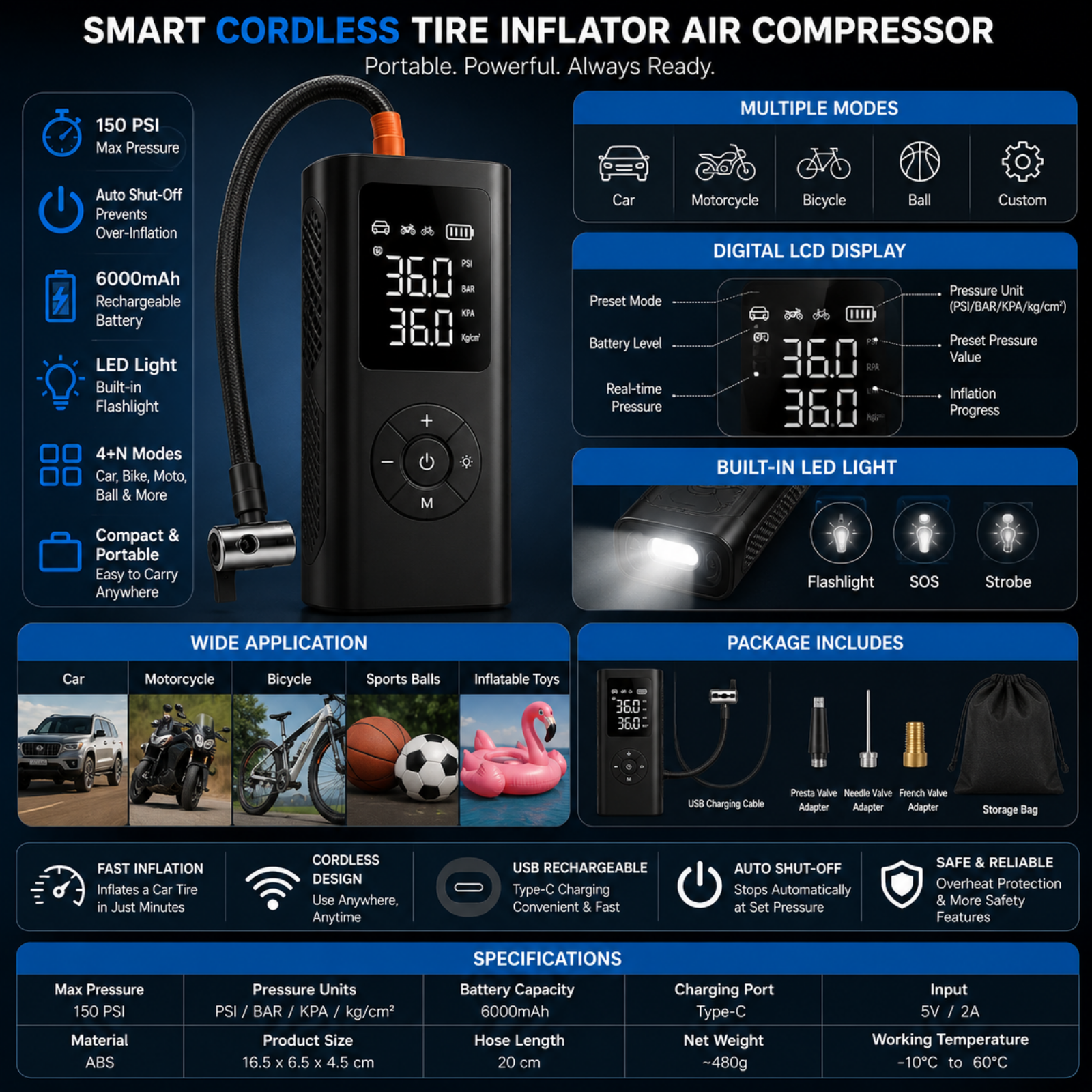 Smart cordless tire inflator air compressor with features and specifications displayed.