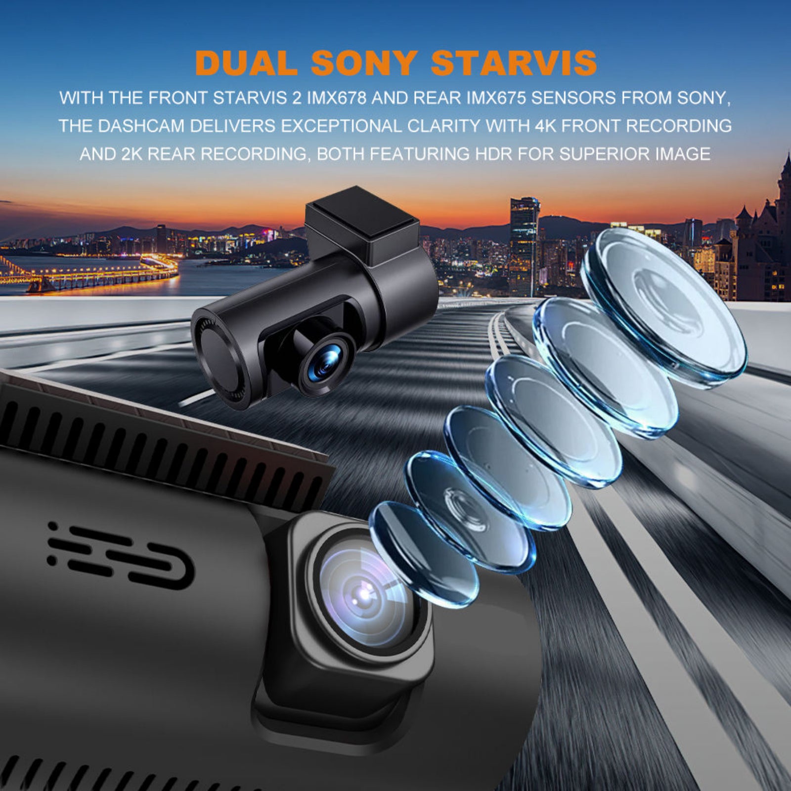Car dashboard camera with dual Sony Starvis sensors on a cityscape background
