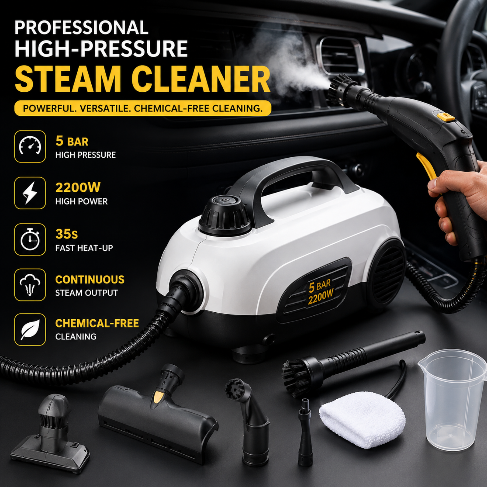 Professional high-pressure steam cleaner with attachments on a dark surface