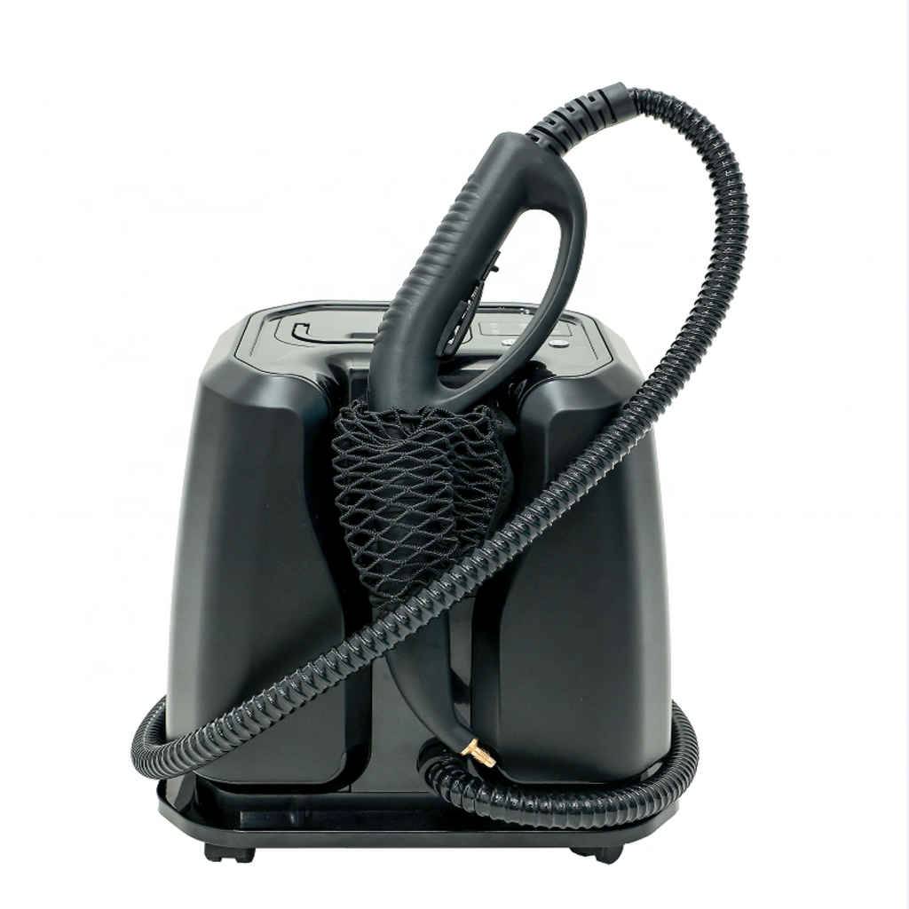 Black steam cleaner with hose on a white background