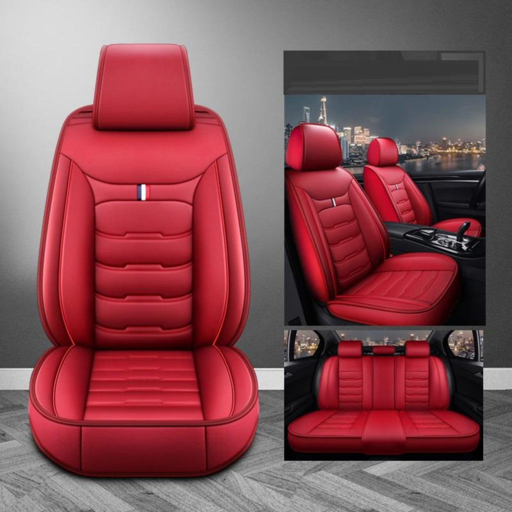Red car seat covers with detailed stitching on a gray background