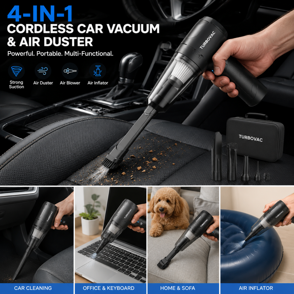 Turbovac 4-in-1 cordless car vacuum and air duster being used in various settings.