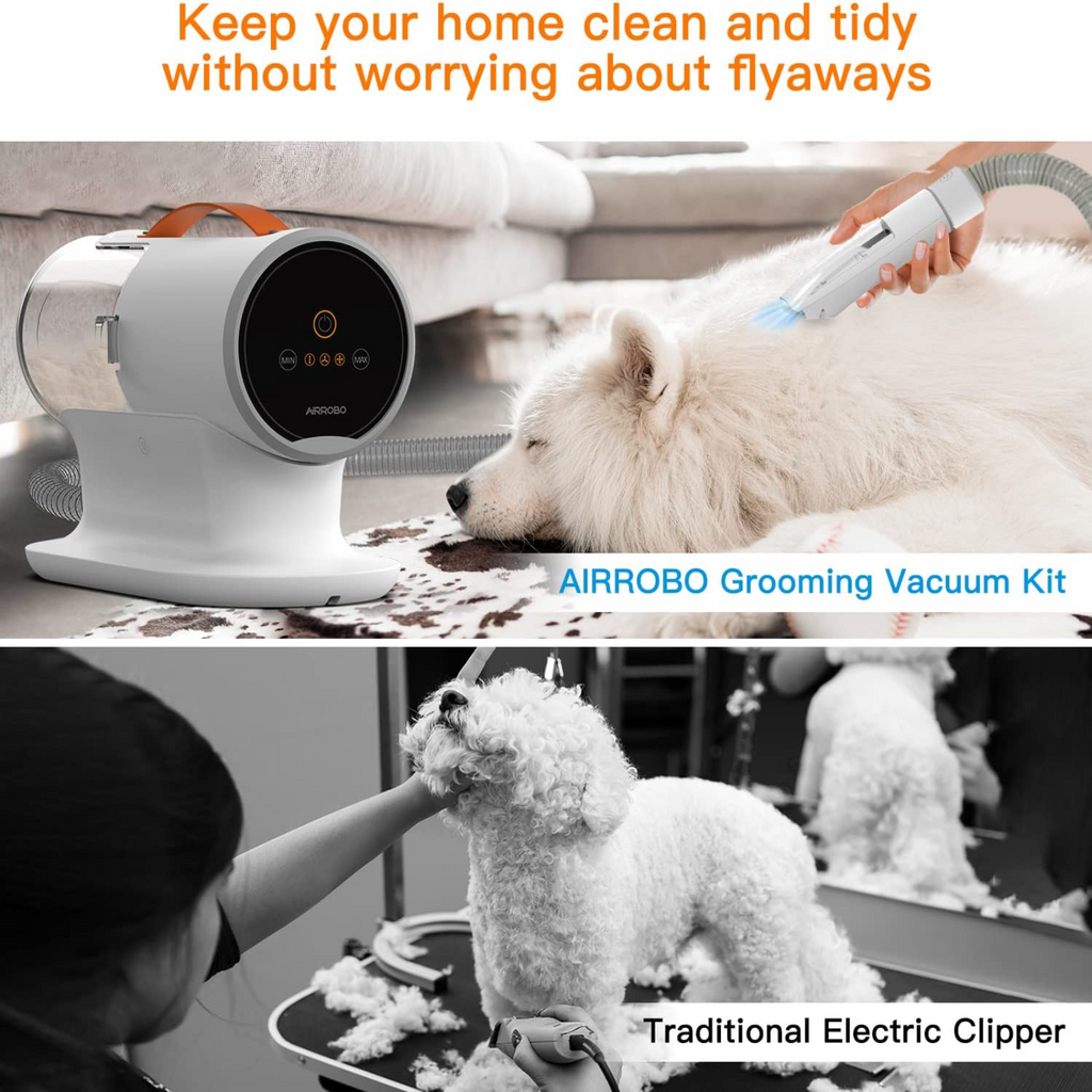 Grooming vacuum kit being used on a dog with text highlighting its benefits.