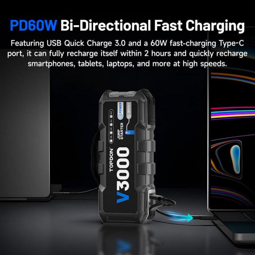 V3000 power bank with charging capabilities on a dark background
