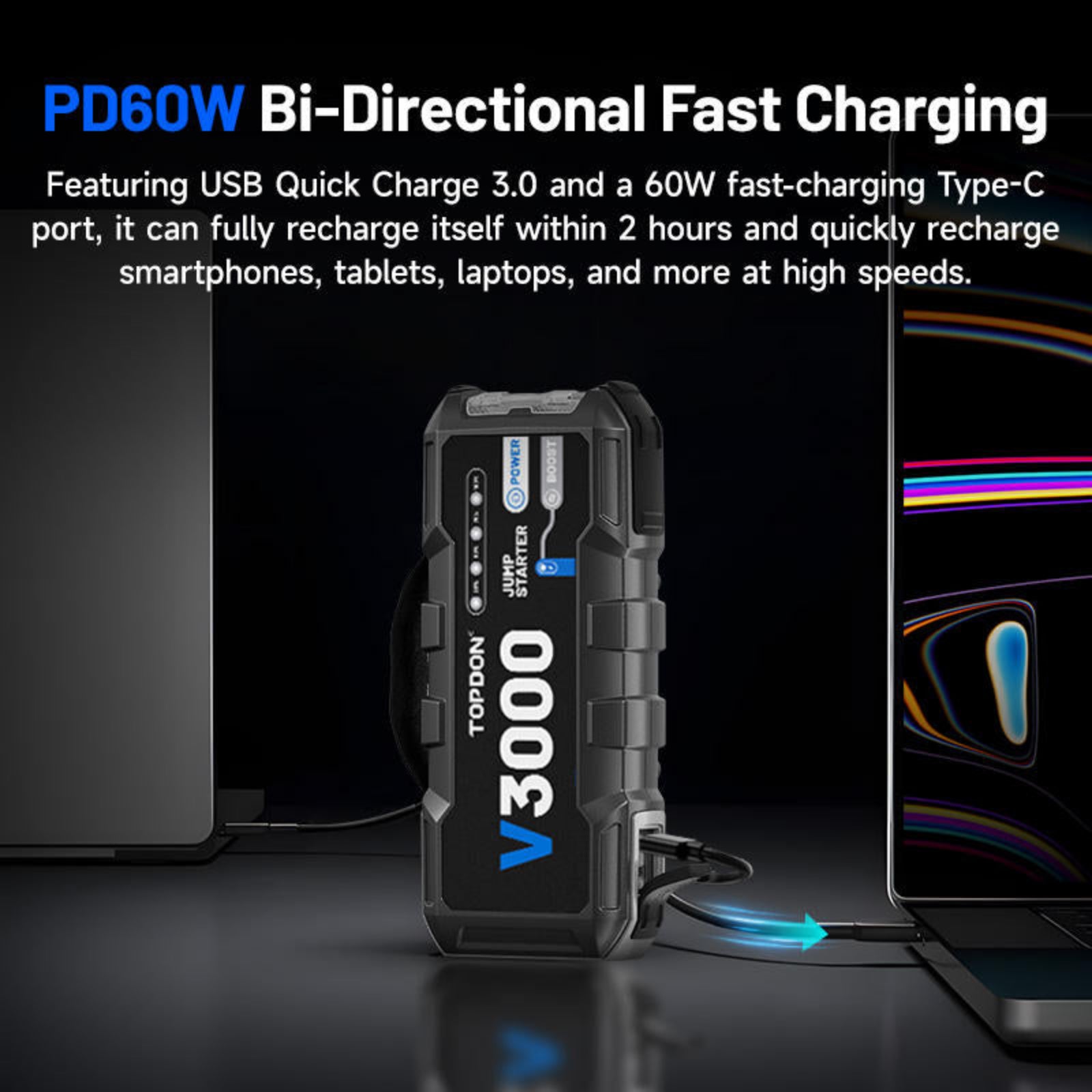V3000 power bank with charging capabilities on a dark background