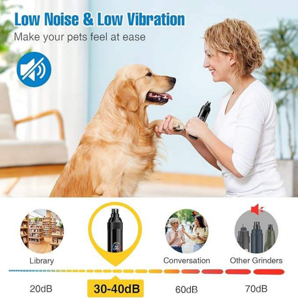 Woman grooming a dog with a pet grooming tool, featuring text about low noise and vibration.