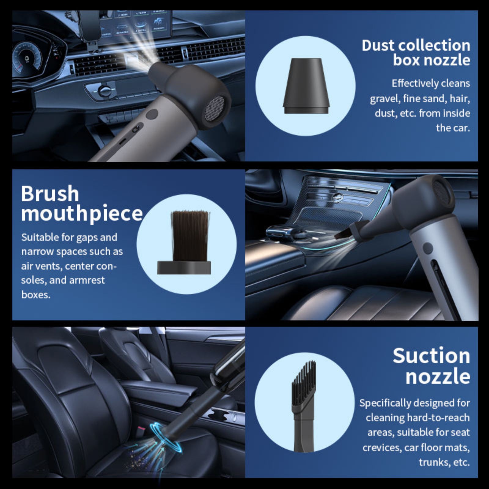 Car cleaning tool with brush mouthpiece, dust collection box nozzle, and suction nozzle displayed in a car interior.