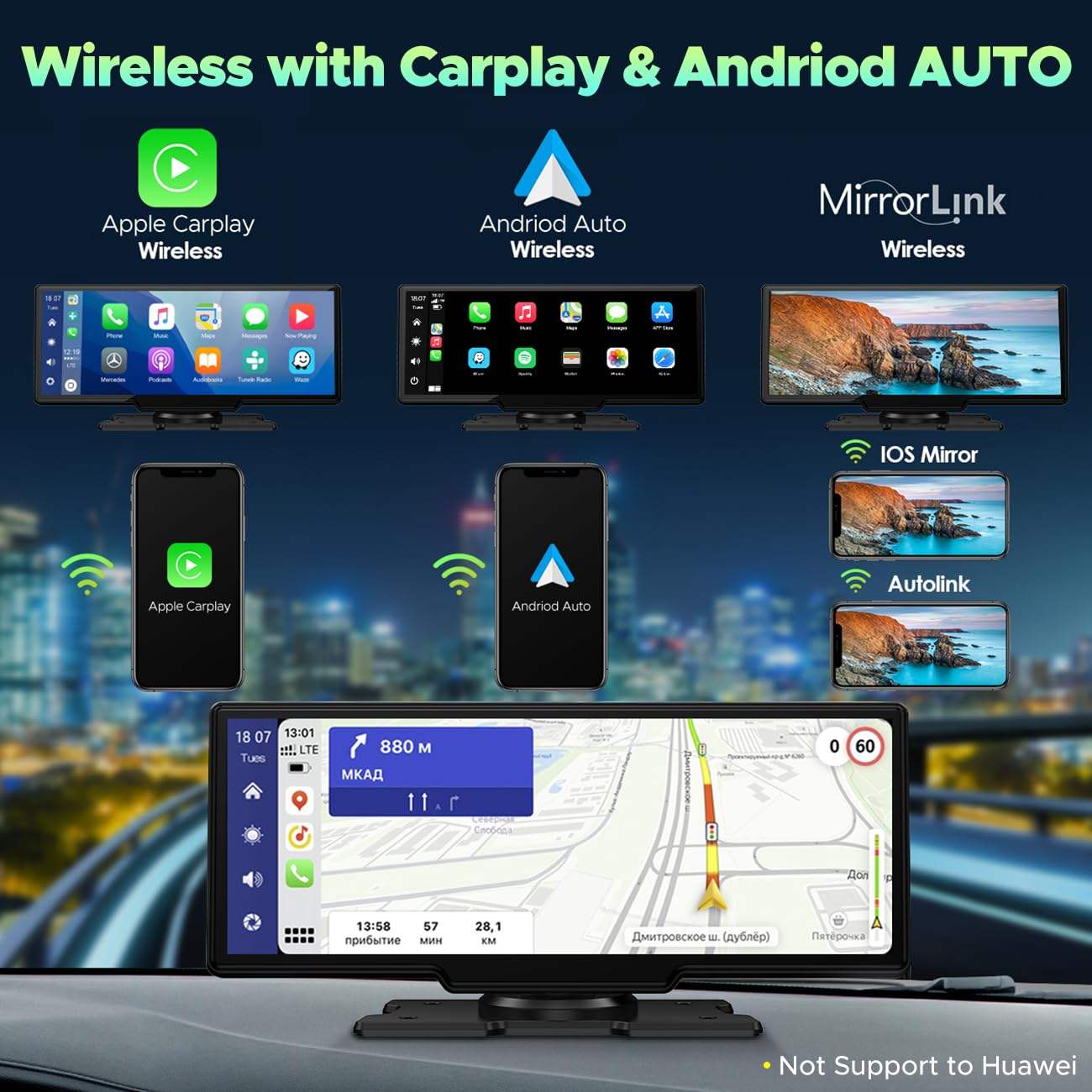 10.26-Inch Wireless Apple CarPlay & Android Auto Touchscreen Display – Portable HD IPS Car Multimedia Player with Bluetooth, FM Transmitter, Mirror Link & Voice Control