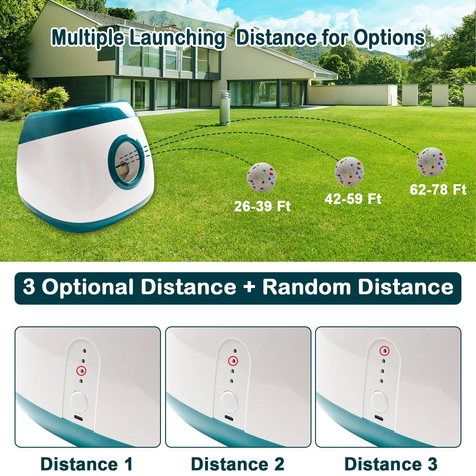Product with launching distances displayed on a grassy field with a house in the background