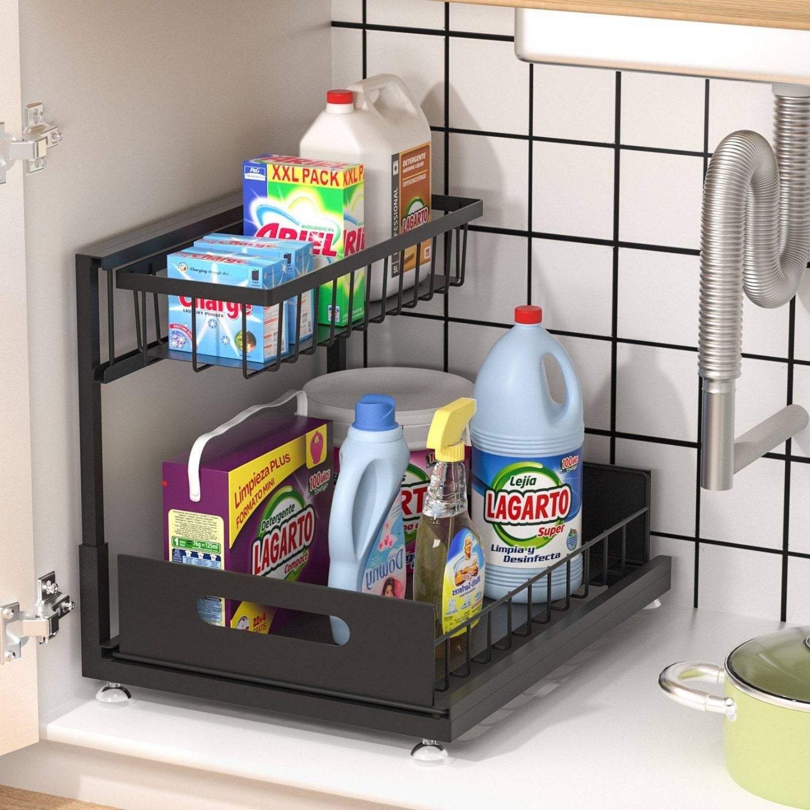 Kitchen organization rack with cleaning supplies on a tiled wall background