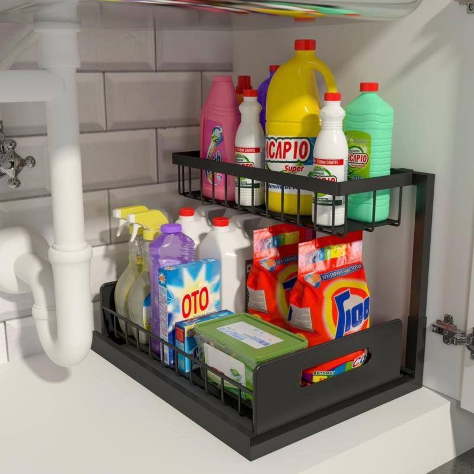 Under-sink organizer with cleaning supplies in a kitchen setting