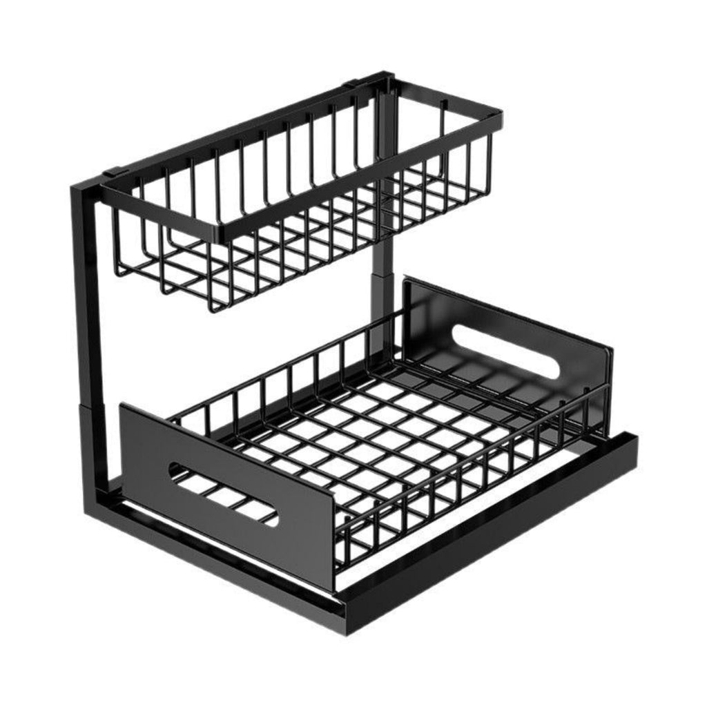 Black metal kitchen rack with two tiers on a white background