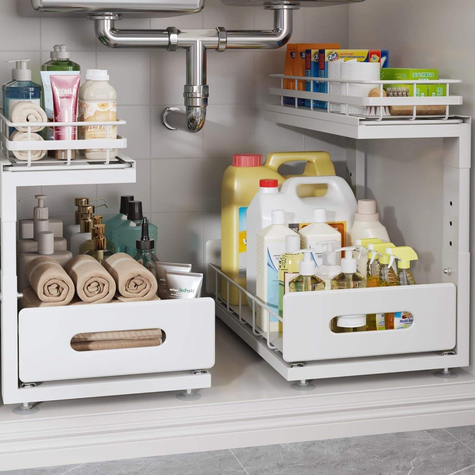 Under-sink storage cabinet with organized products including bottles, containers, and cleaning supplies.