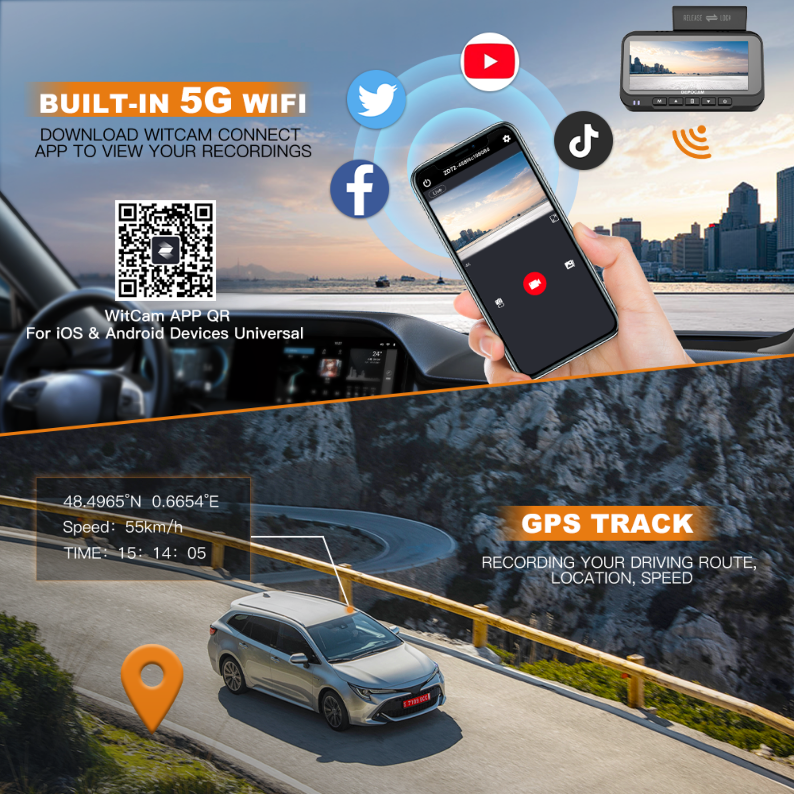 Car dashboard with 5G WiFi and GPS tracking features, smartphone app interface, and scenic road view.
